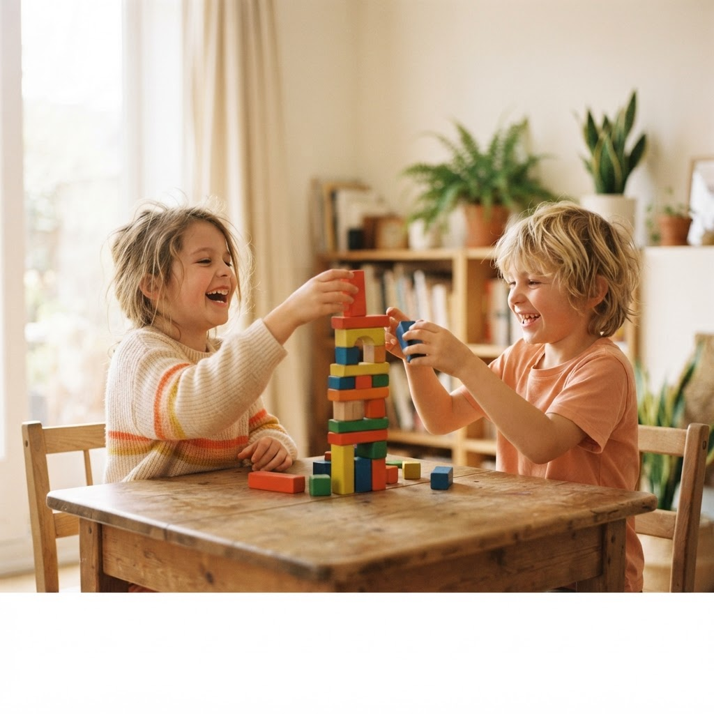 Dos niños riendo mientras construyen torres con bloques de colores